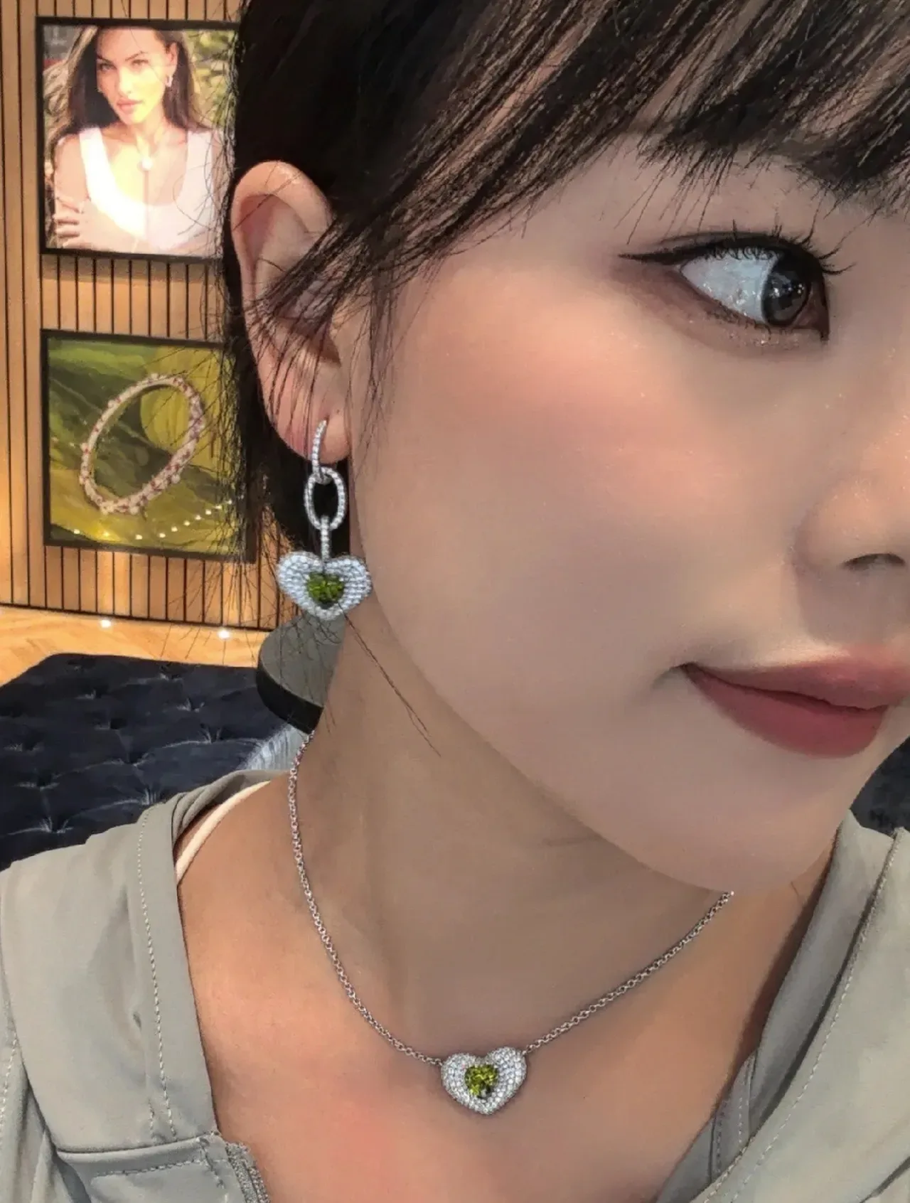 Pendentif cœur argent vert pavé-set pierres transparentes collier 5