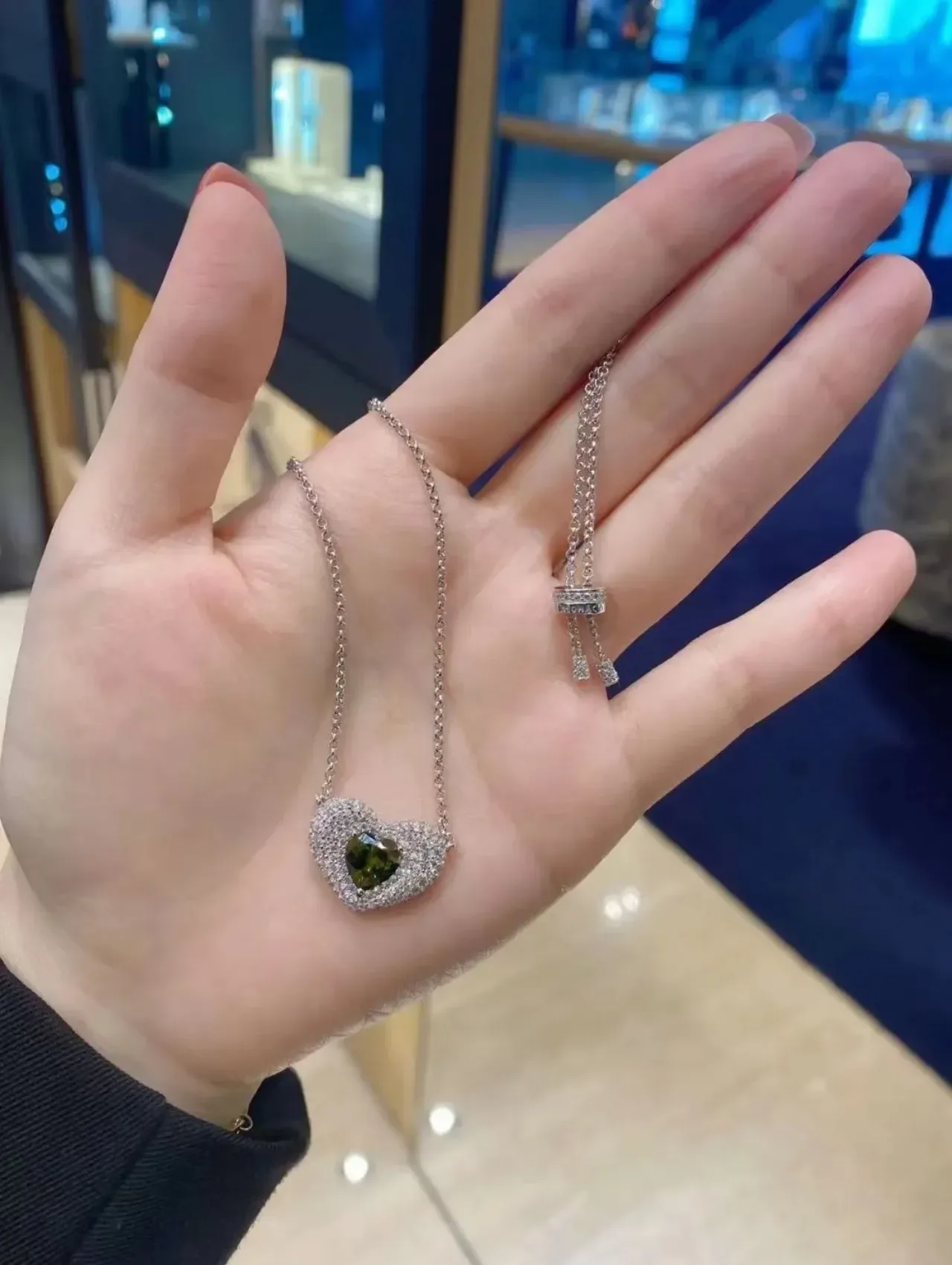 Pendentif cœur argent vert pavé-set pierres transparentes collier 6