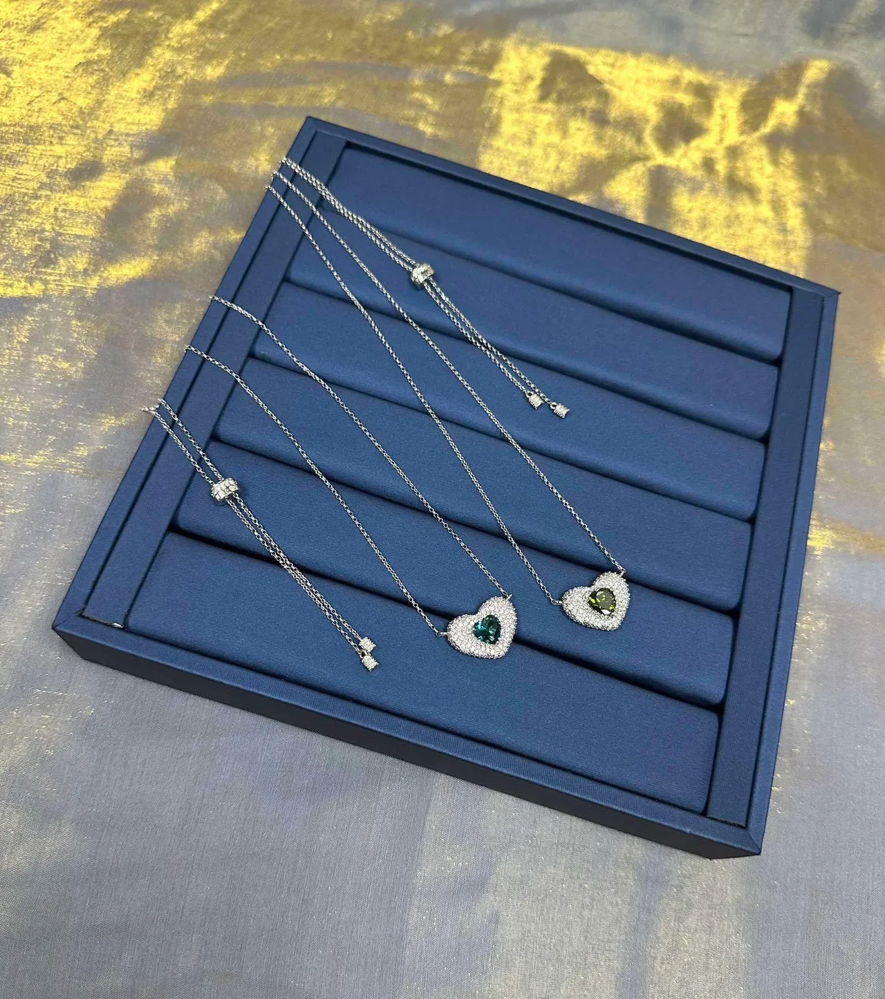 Pendentif cœur argent vert pavé-set pierres transparentes collier 7