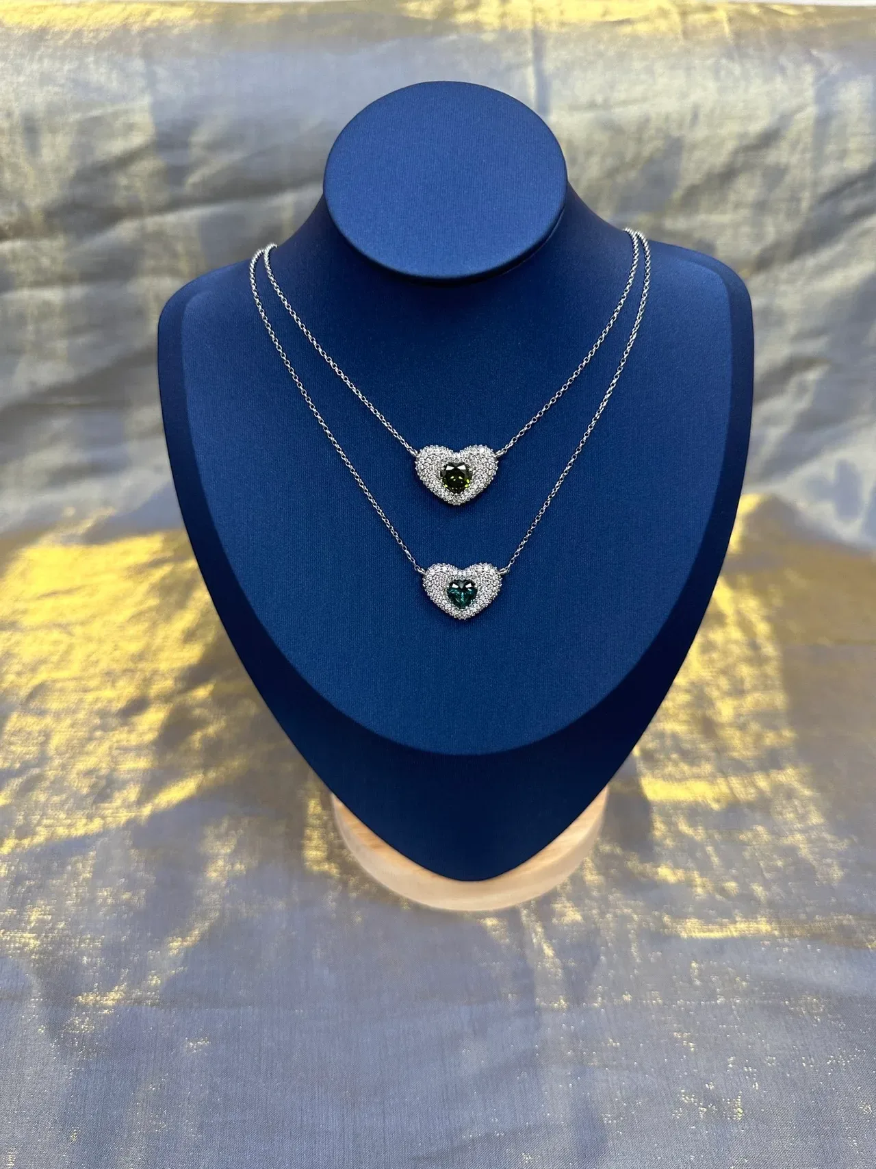 Pendentif cœur argent vert pavé-set pierres transparentes collier 9