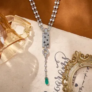 Collier Argent Vert Pave-Set Pendentif Rectangulaire Chaîne Double