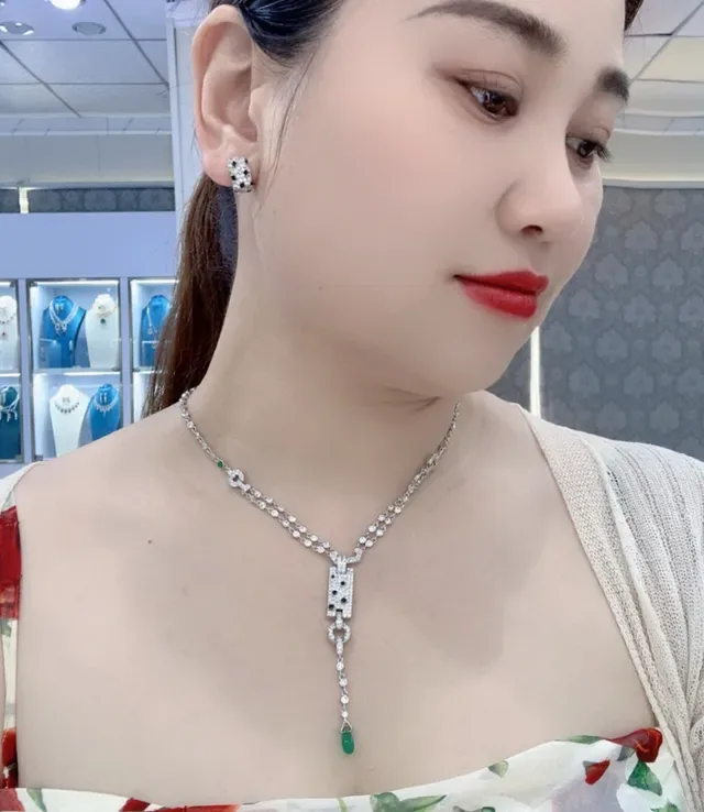 Silver Green Pavé-Set Rectangular Pendant Double-Strand Chain Necklace 4