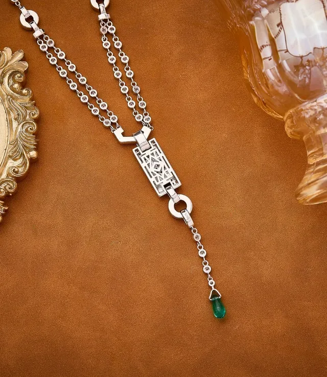 Silver Green Pavé-Set Rectangular Pendant Double-Strand Chain Necklace 5
