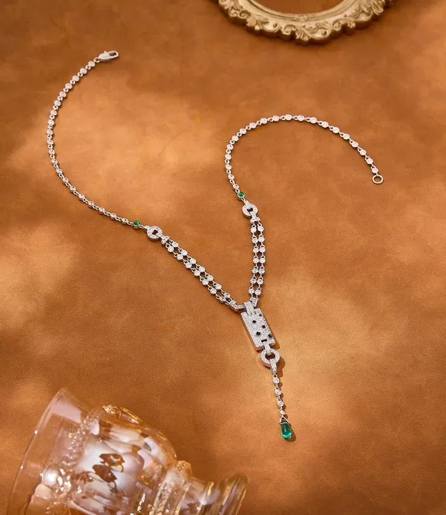 Silver Green Pavé-Set Rectangular Pendant Double-Strand Chain Necklace 8