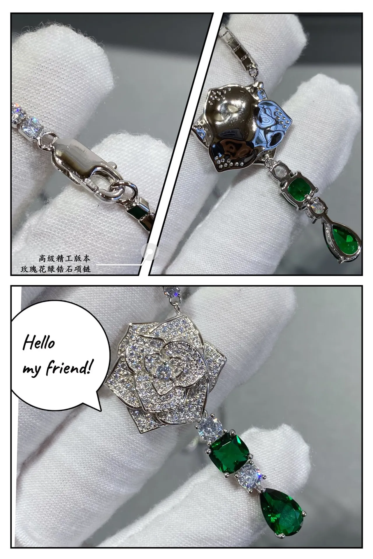 Silver Green Rose-Shaped Pavé Pendant Gemstone Drop Necklace 3