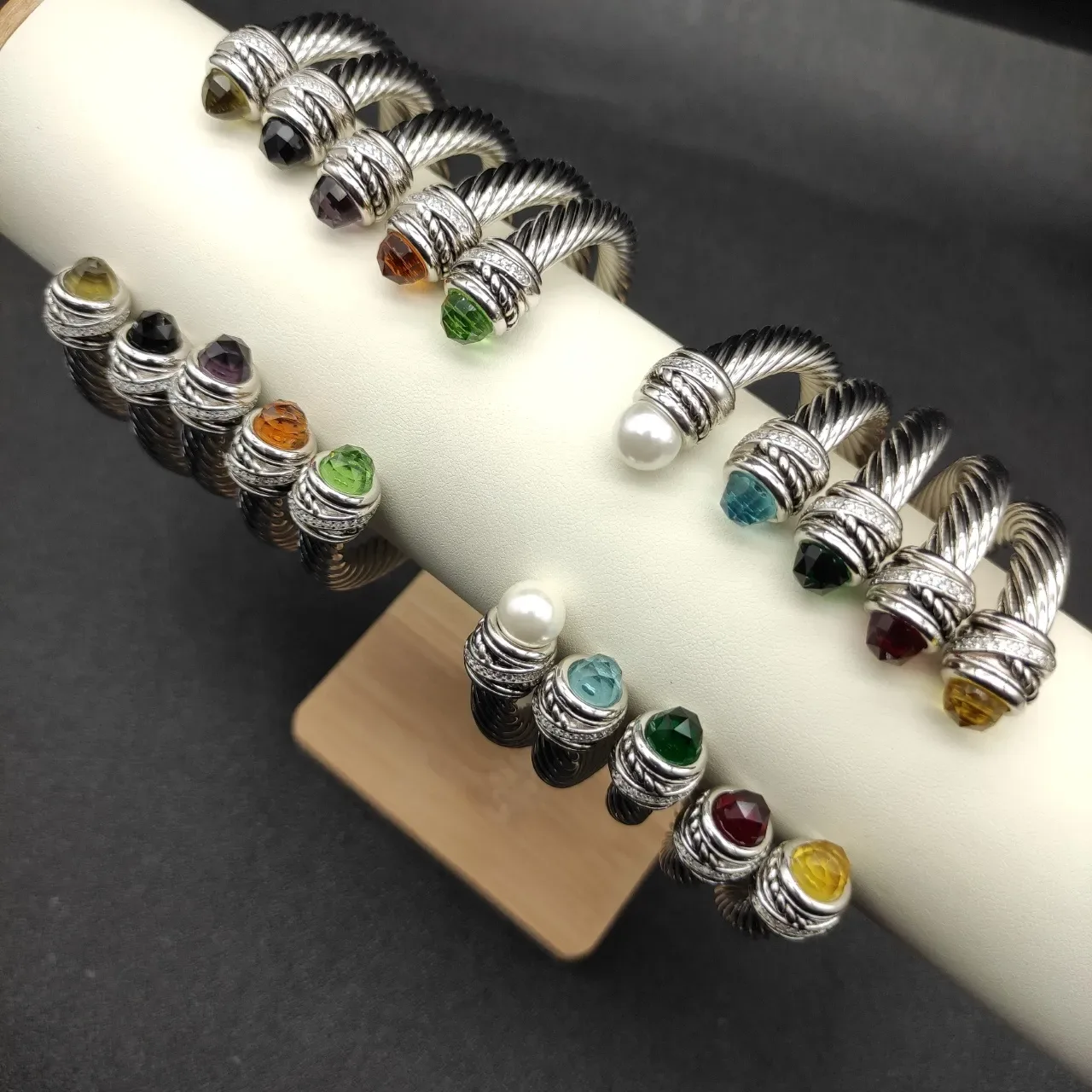 Silver Green Twisted Cable Faceted Stone Terminals Bracelet 7