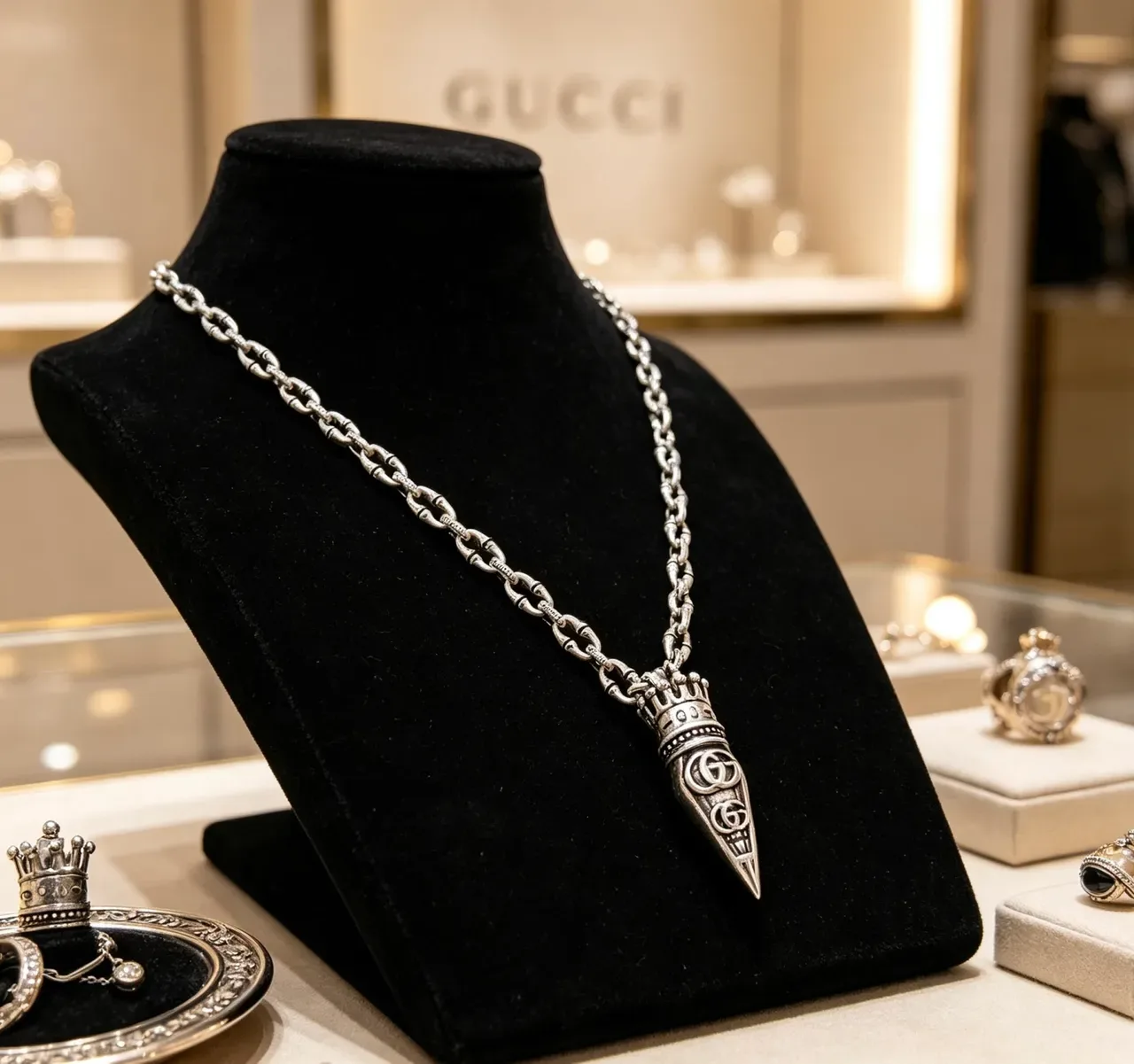 Pendentif Dague Couronne Ornée Argent Chaîne Maillons Texturisés Bijoux 4
