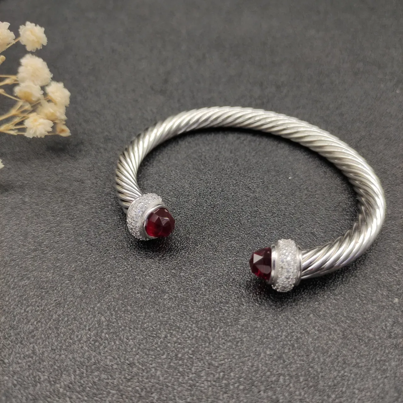 Silver Red Twisted Cable Faceted Stone Terminals Bracelet 6