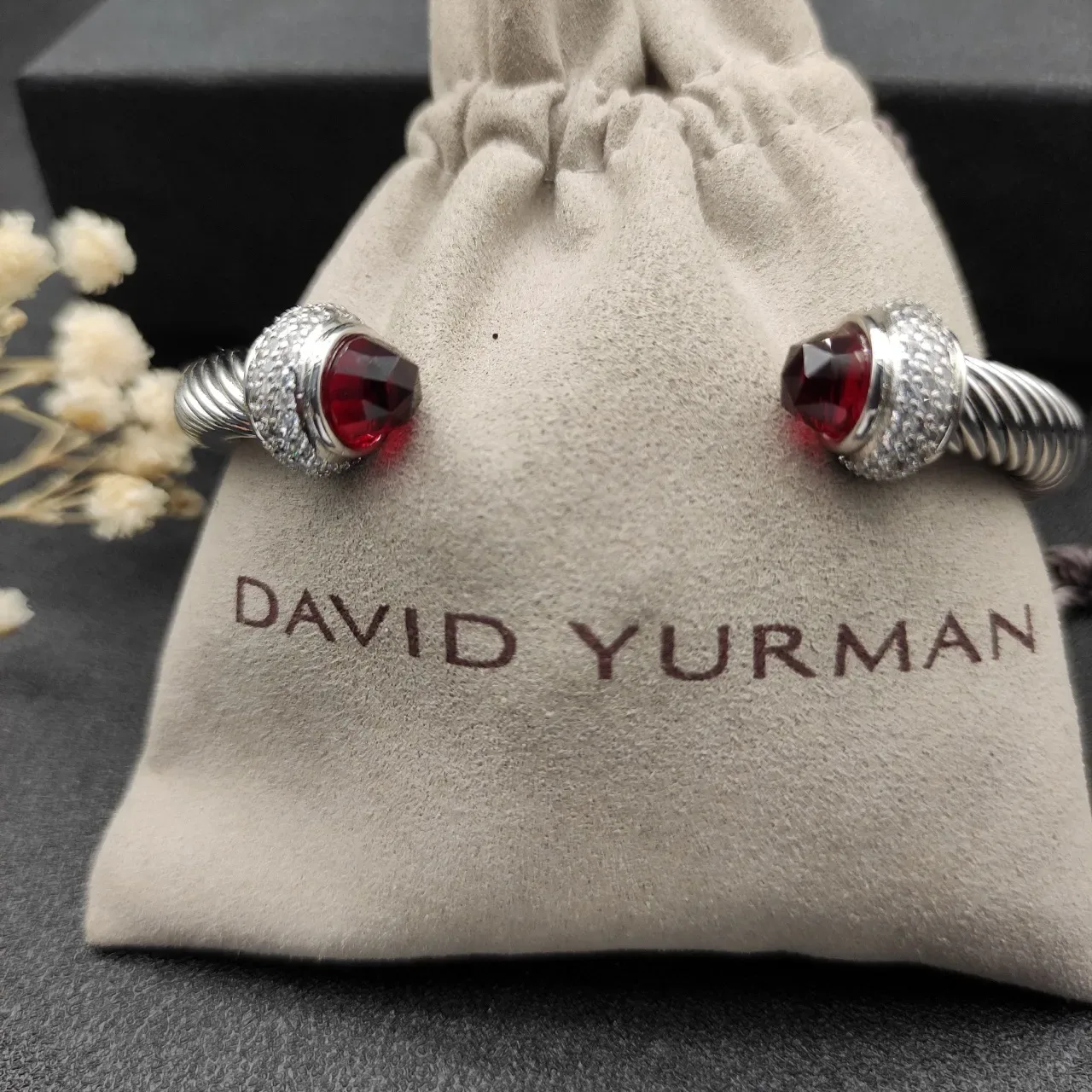 Silver Red Twisted Cable Faceted Stone Terminals Bracelet 9