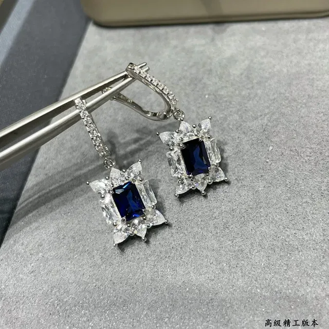 Silver-Tone Blue Rectangular Stone Starburst Halo Lever-Back Earrings 6