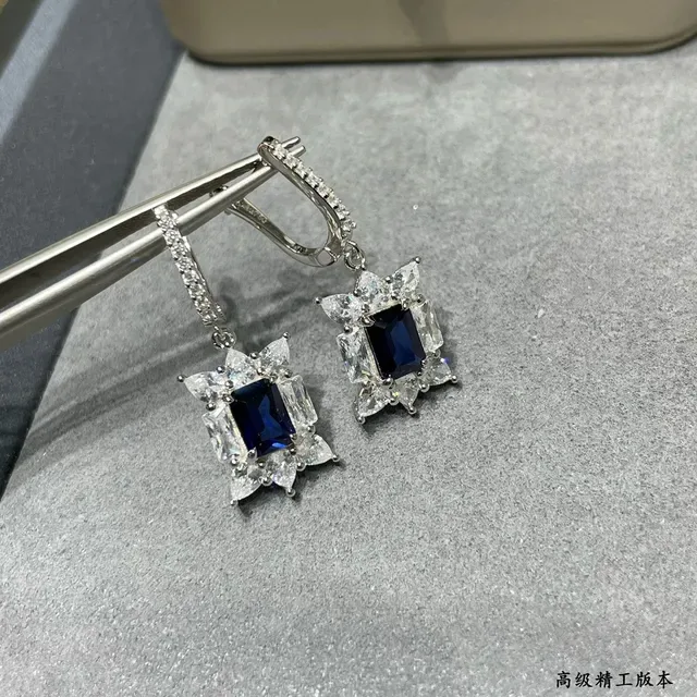 Silver-Tone Blue Rectangular Stone Starburst Halo Lever-Back Earrings 8