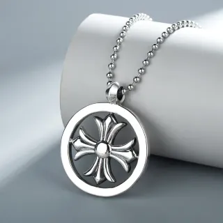 Silver-Tone Circular Cross Motif Pendant Necklace