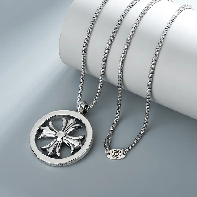 Silver-Tone Circular Cross Motif Pendant Necklace 3