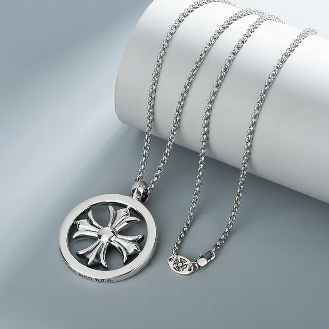 Silver-Tone Circular Cross Motif Pendant Necklace 4