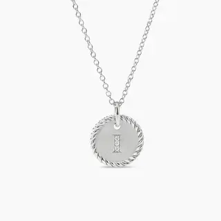 Collier pendentif disque initial 'I' à bordure de corde en ton argenté