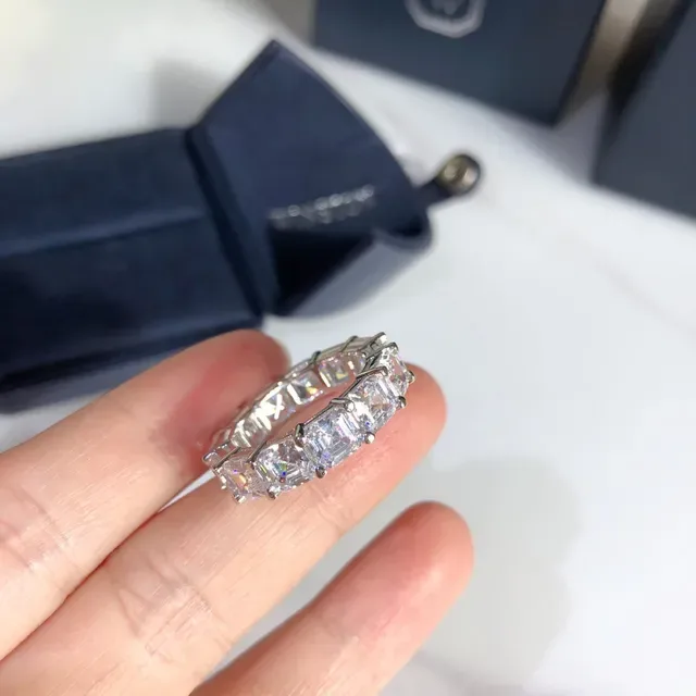 Silver-Toned Emerald-Cut Stone Eternity Band Ring 8