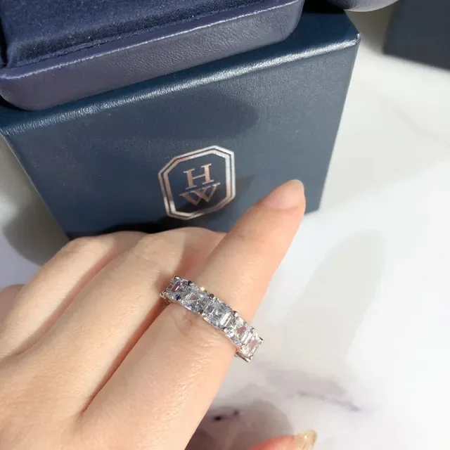 Silver-Toned Emerald-Cut Stone Eternity Band Ring 9