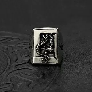Silver-Toned Rectangular Engraved Statement Ring
