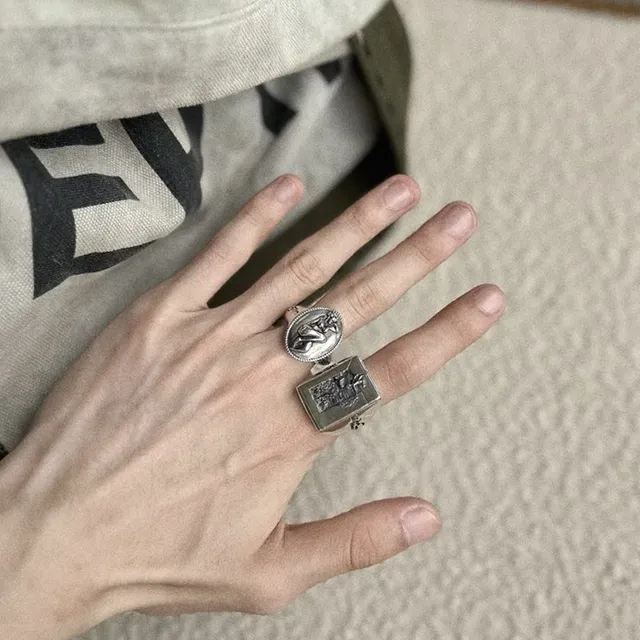 Silver-Toned Rectangular Engraved Statement Ring 3