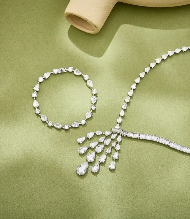 Silver Transparent Pear-Shaped Stone Cascade Baguette-Link Chain Necklace 3