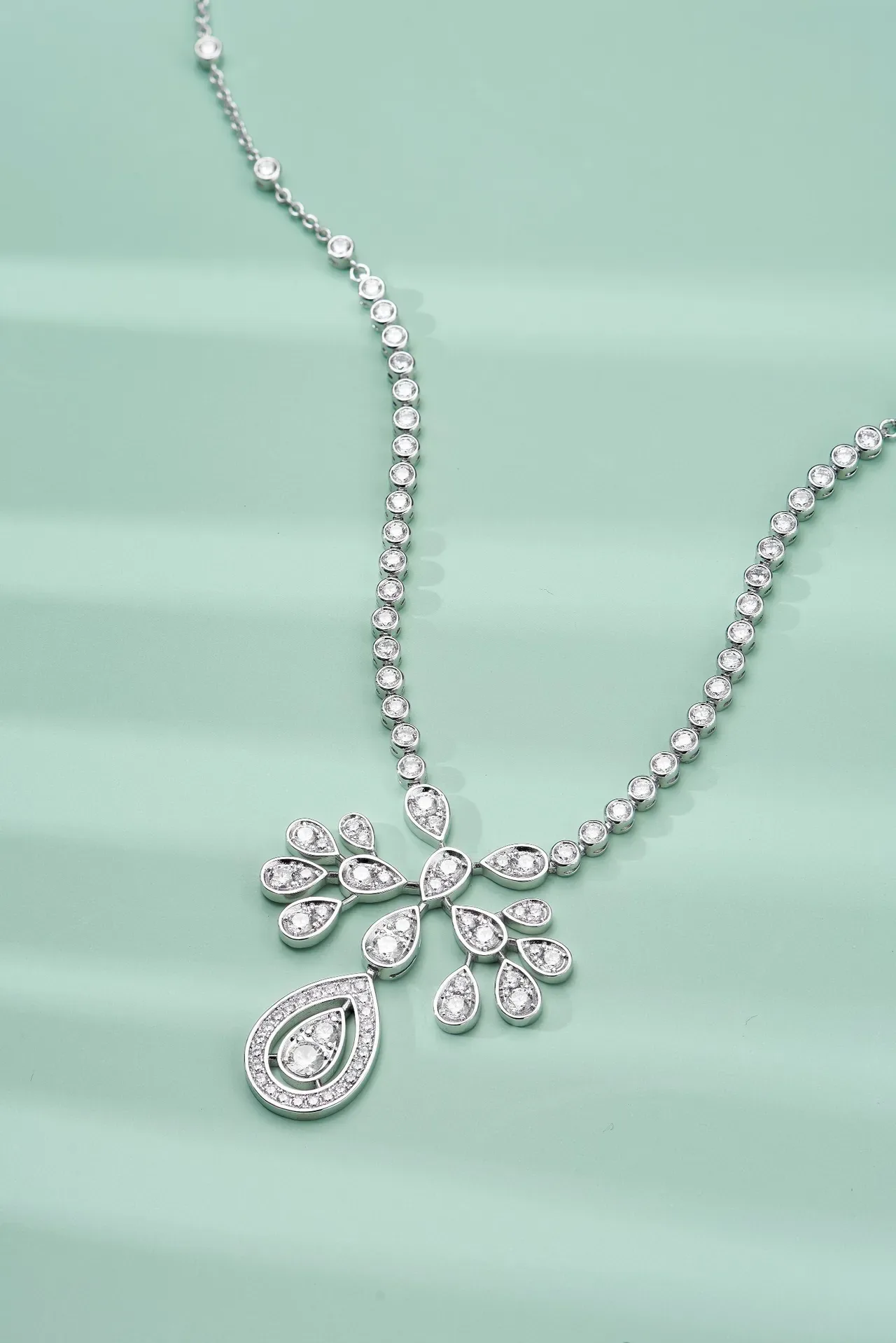 Silver White Multi-Teardrop Pendant Pavé-Set Diamonds Necklace 6