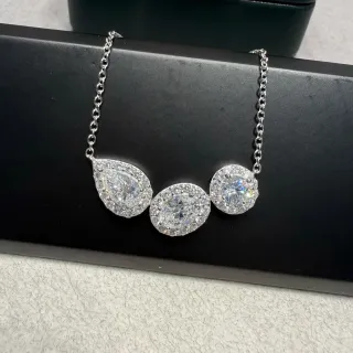 Silver White Three-Stone Pendant Halo-Set Stones Necklace