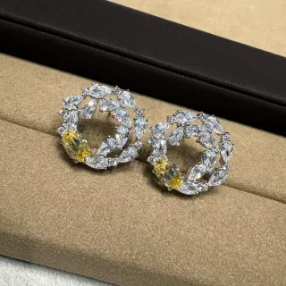 Silver Yellow Circular Wreath Design Marquise-Cut Clear Stones Earrings