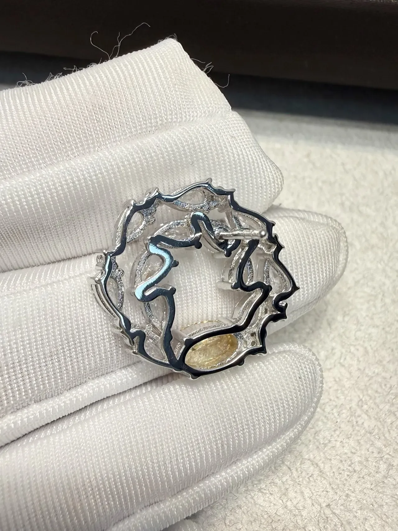 Silver Yellow Circular Wreath Design Marquise-Cut Clear Stones Earrings 7