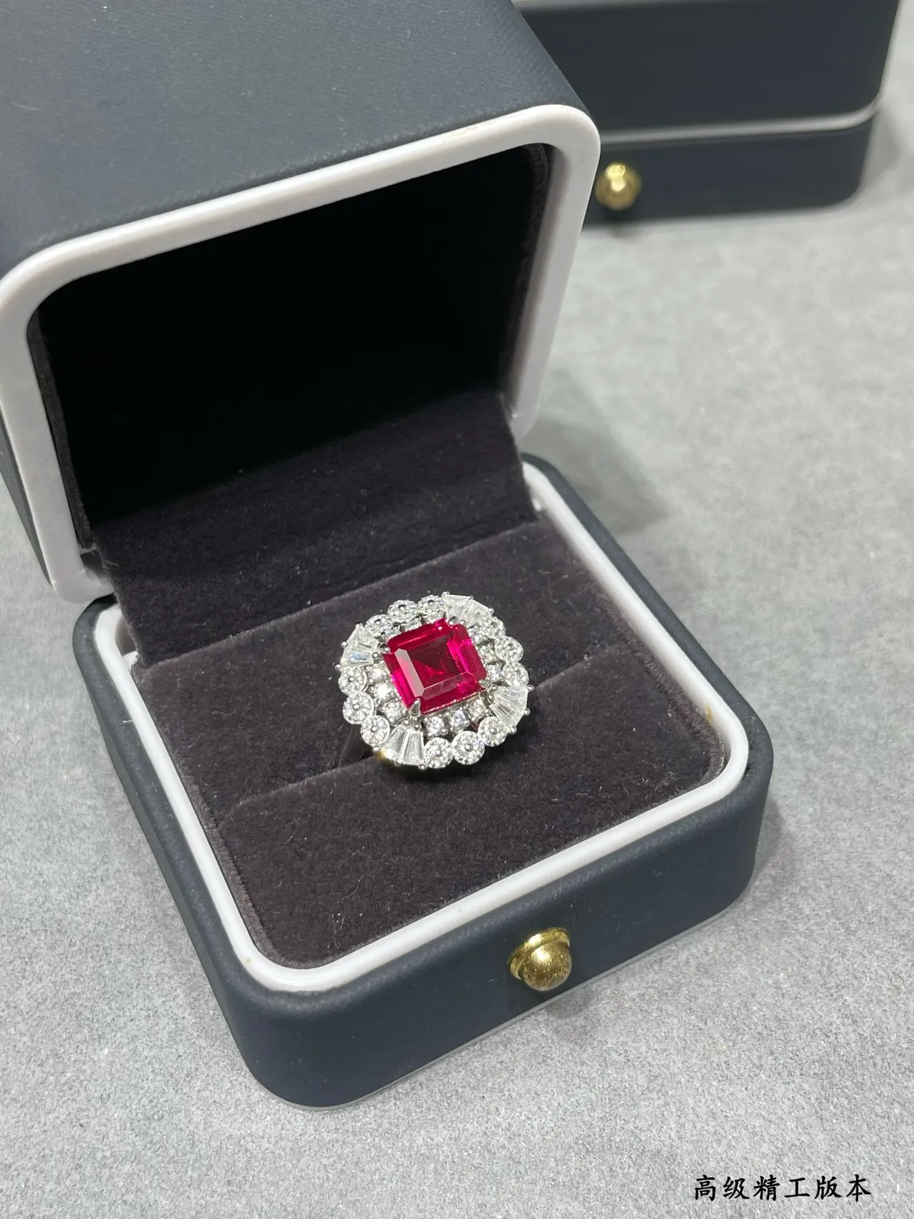 Square-Cut Ruby and Diamond Halo Ring 8