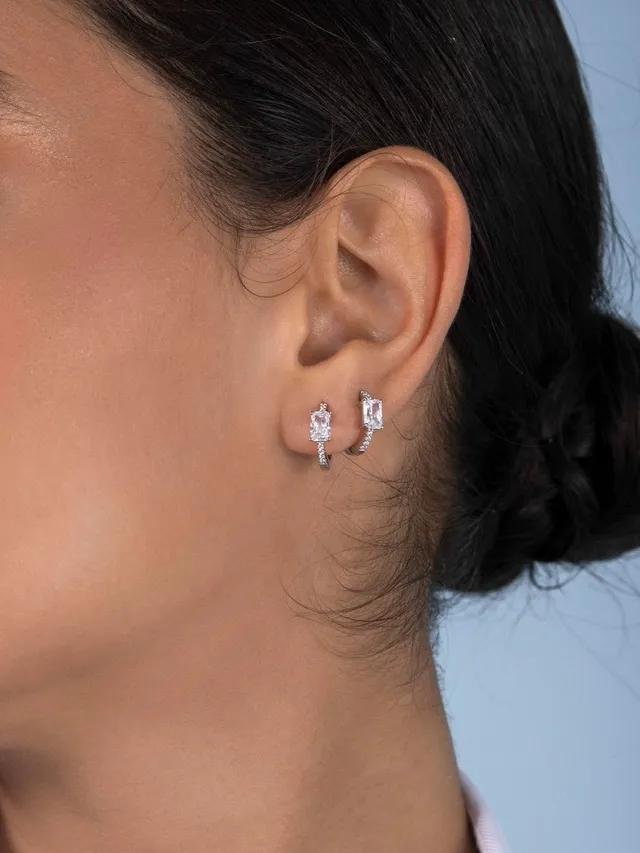 Transparent Silver Rectangular Faceted Stones Dangling Drop Design Earrings 2