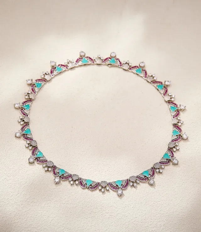 Collier choker de gemmes turquoise et rose au motif géométrique pavé 8