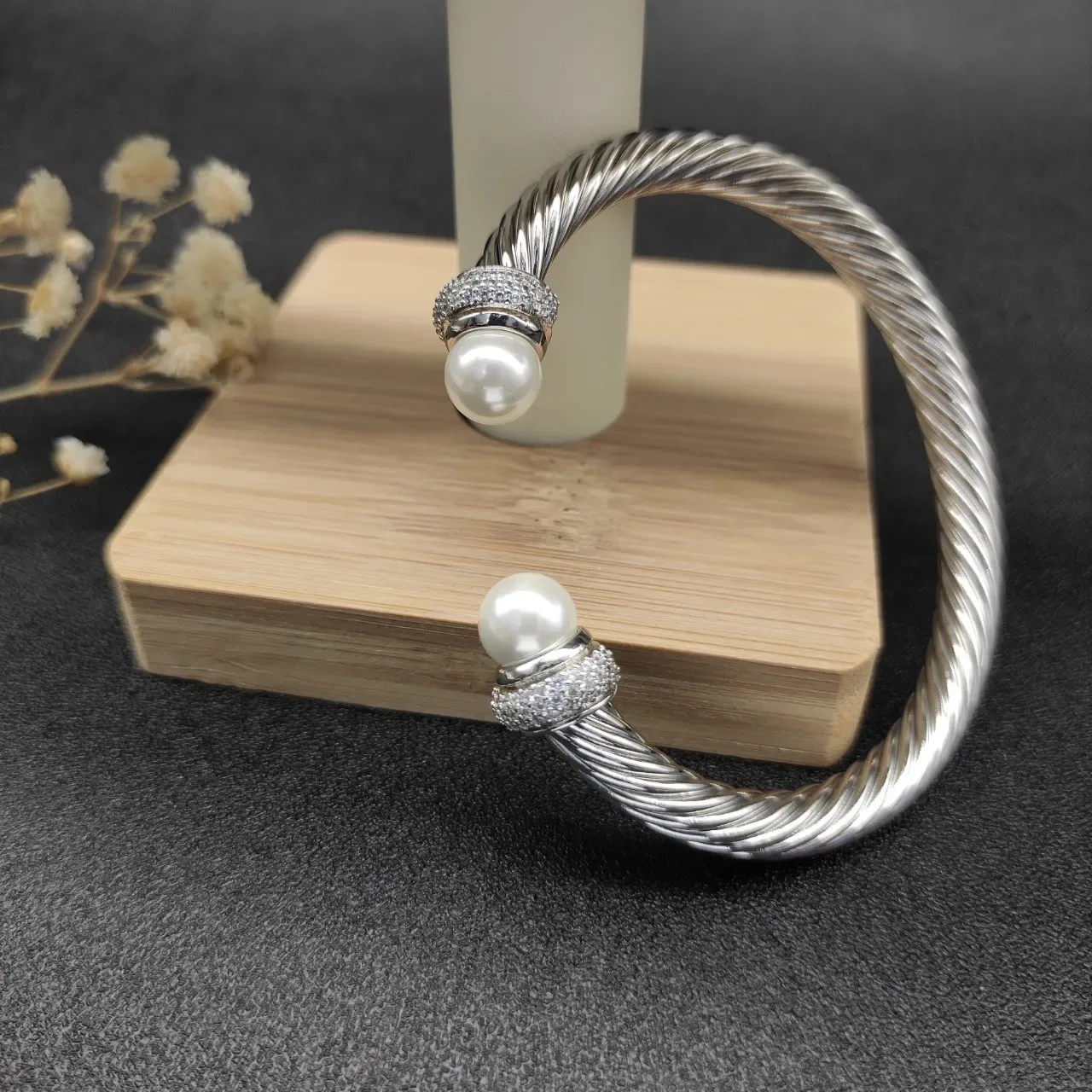 Twisted Cable Pearl-End Pavé Crystal Open Bangle Bracelet 3