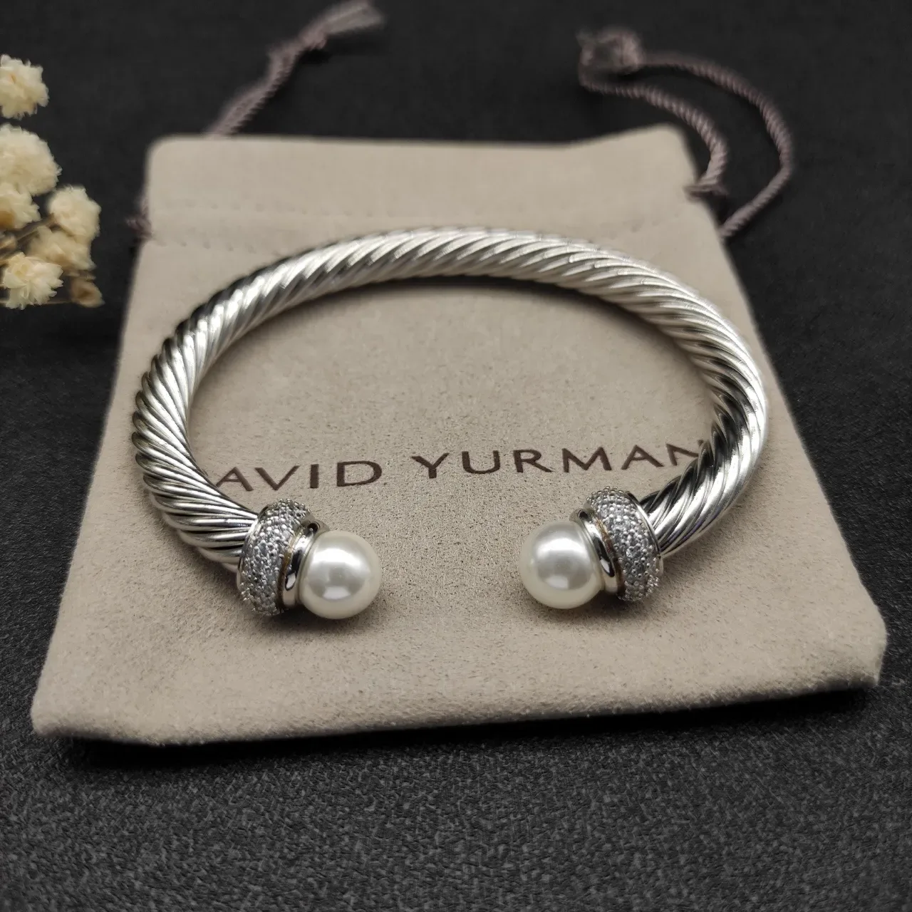Twisted Cable Pearl-End Pavé Crystal Open Bangle Bracelet 7