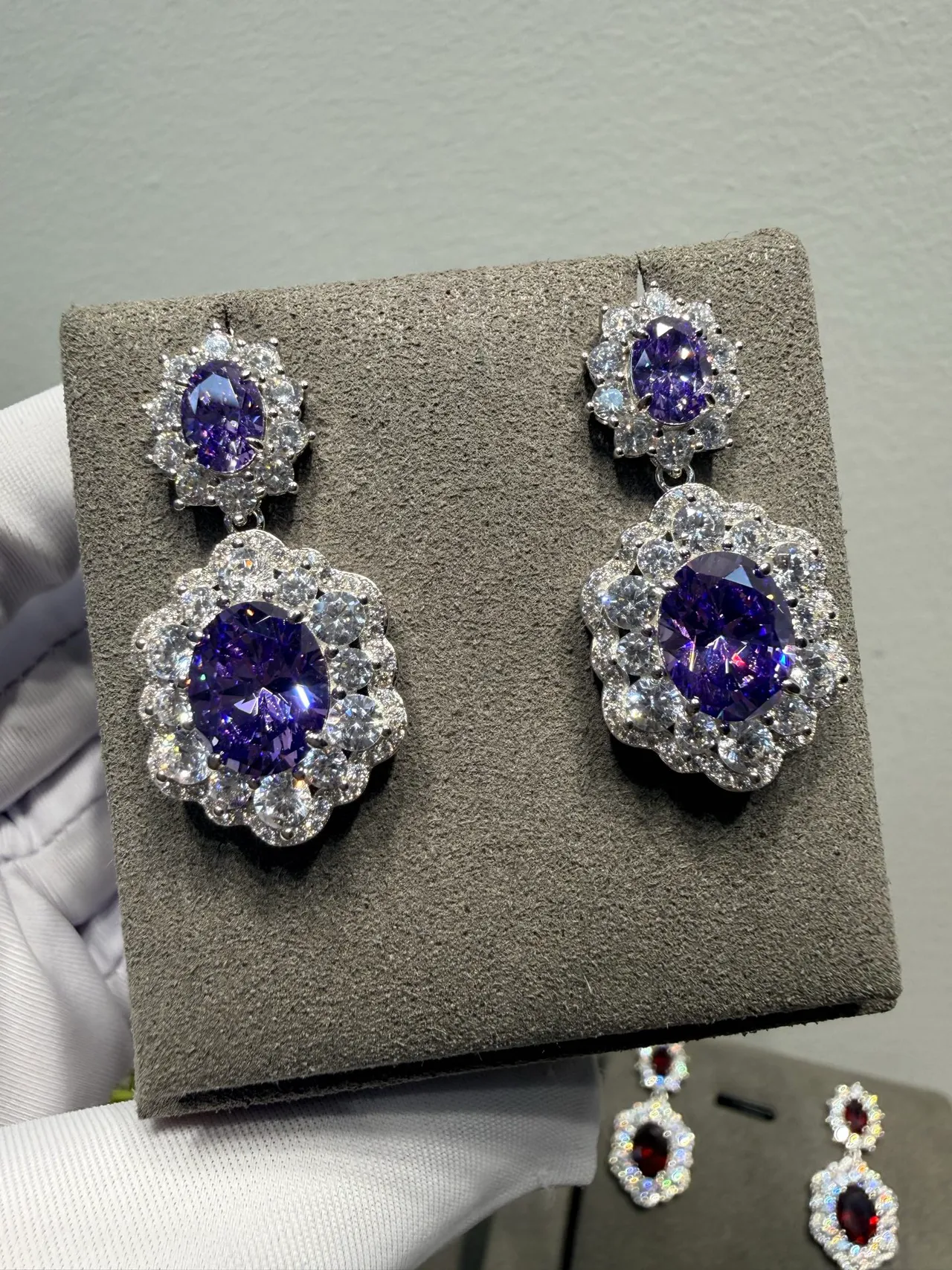 Two-Tier Floral Halo Oval Purple Gemstone Earrings 4