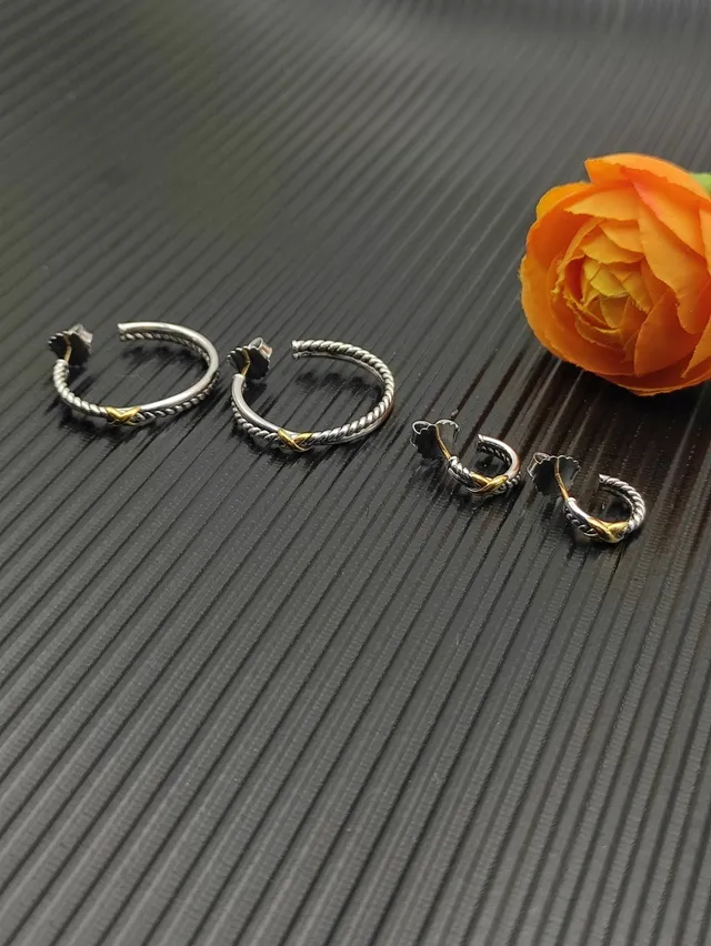 Two-Tone Twisted Rope X-Accent Hoop Earrings 7