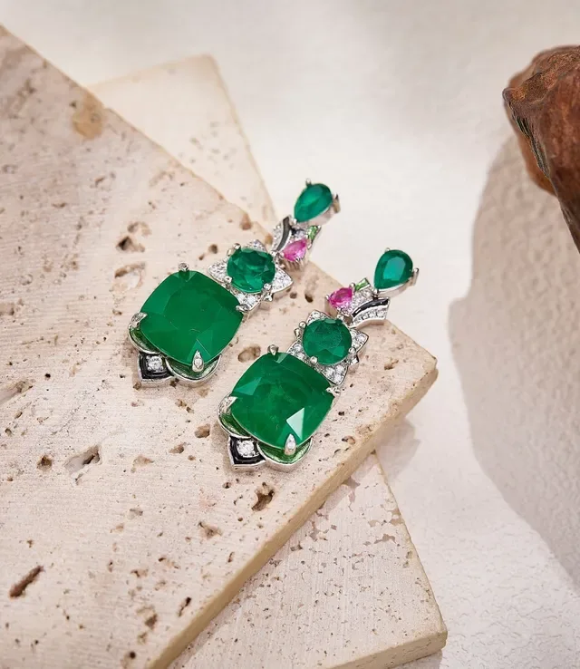 Vivid Green Emerald and Pink Ruby Multi-Stone Drop Earrings 4