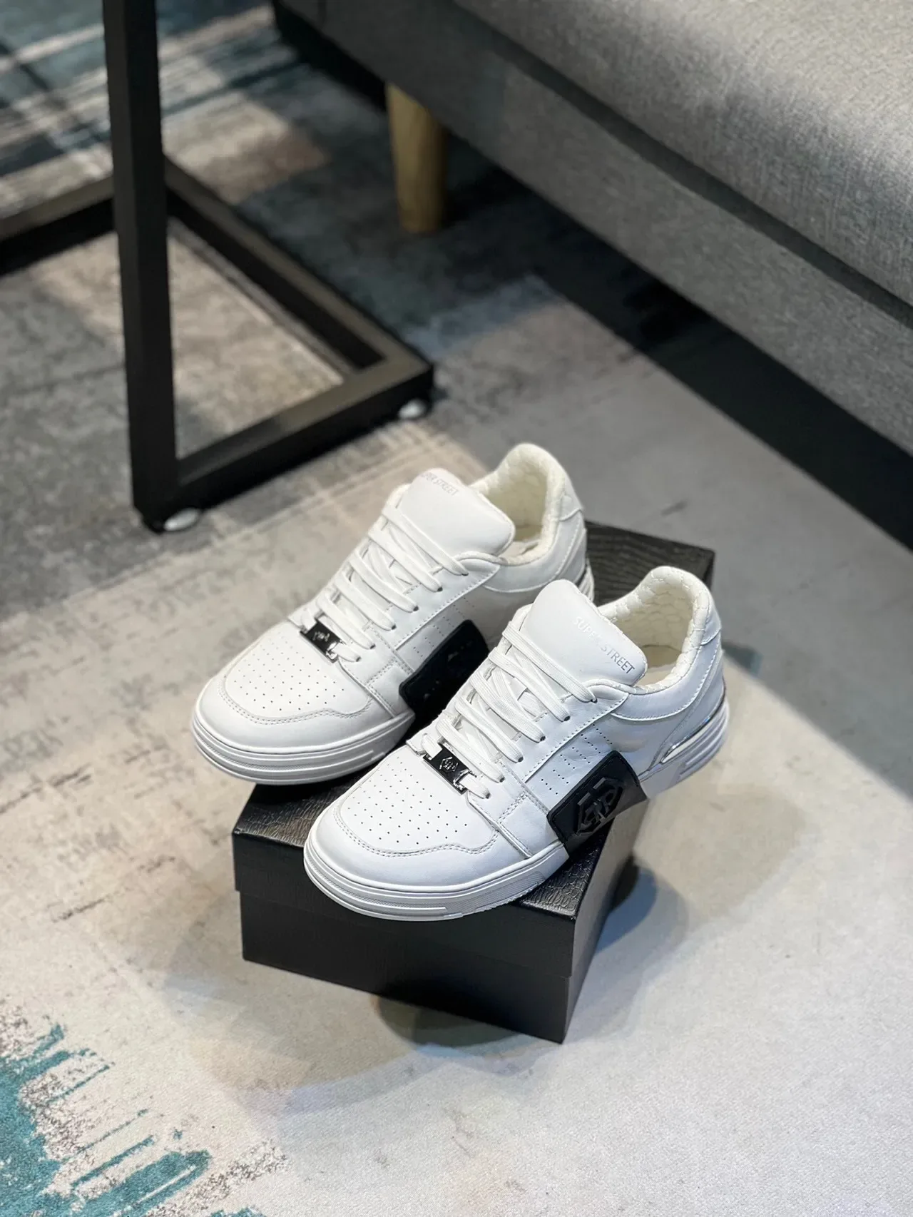 White Black Leather-Like Upper Perforated Toe Box Sneakers 5