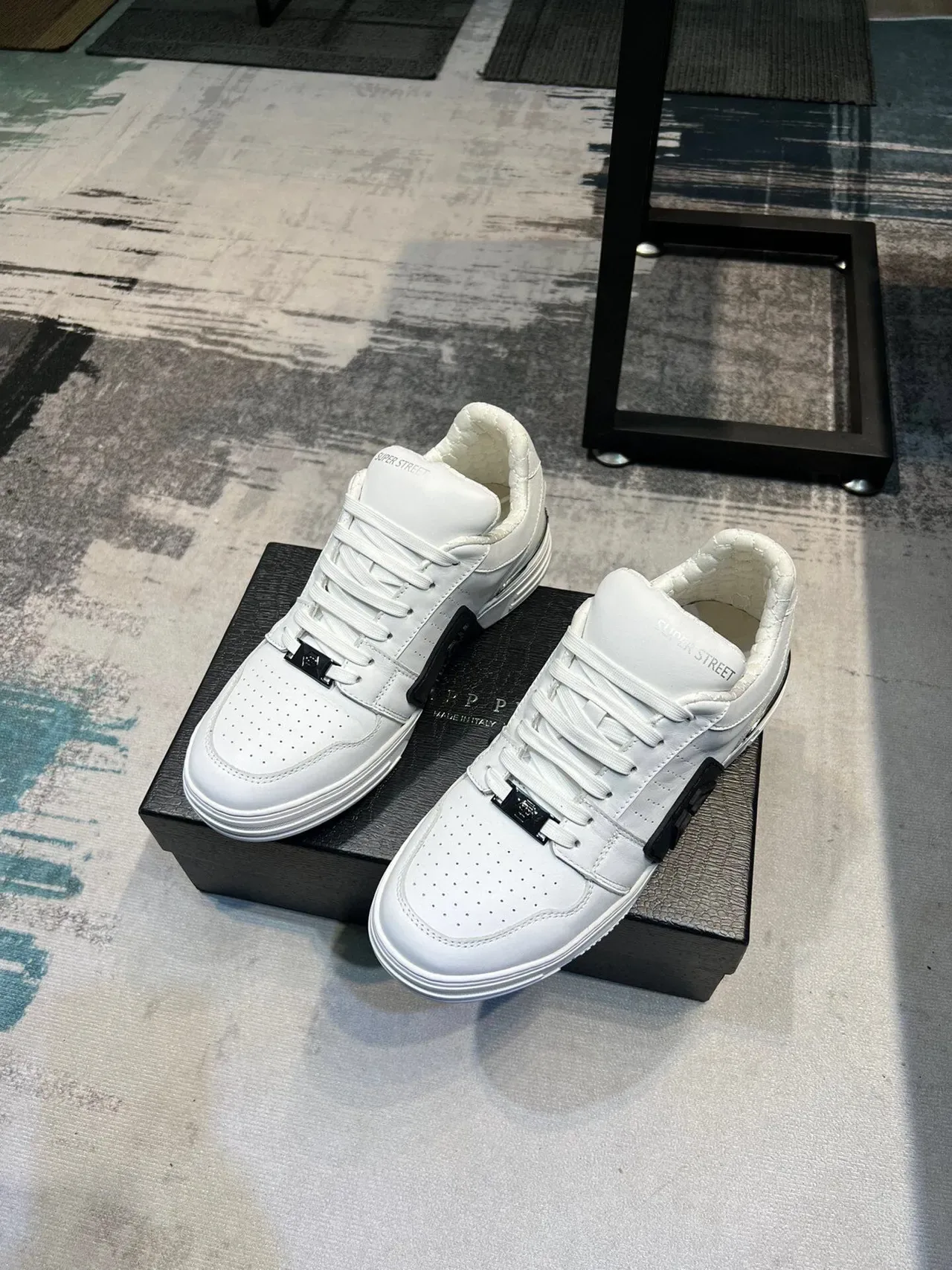 White Black Leather-Like Upper Perforated Toe Box Sneakers 6