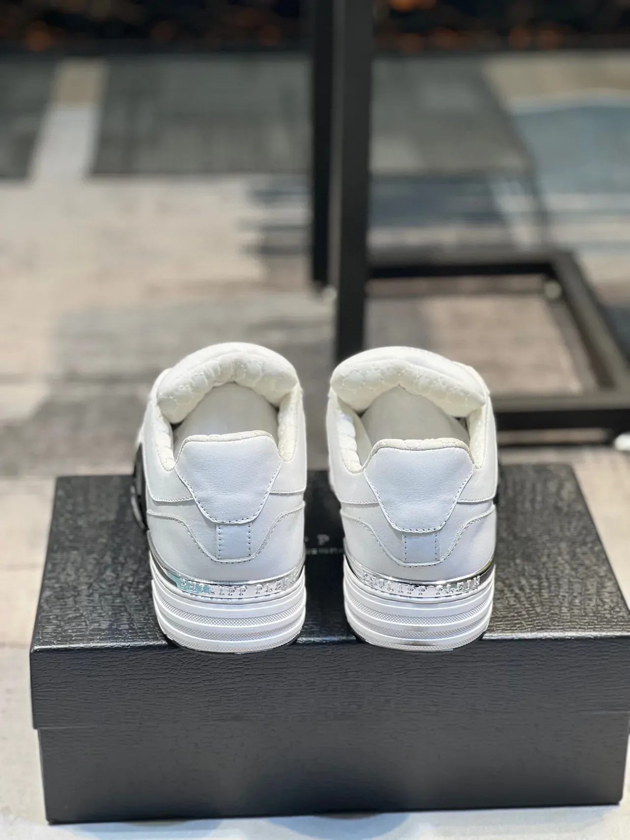 White Black Leather-Like Upper Perforated Toe Box Sneakers 9