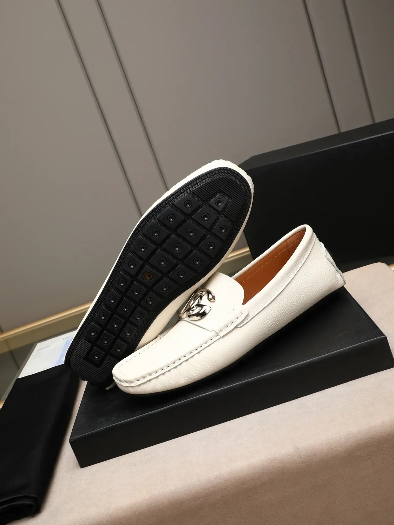 White Pebbled Leather Buckle Strap Loafer 4