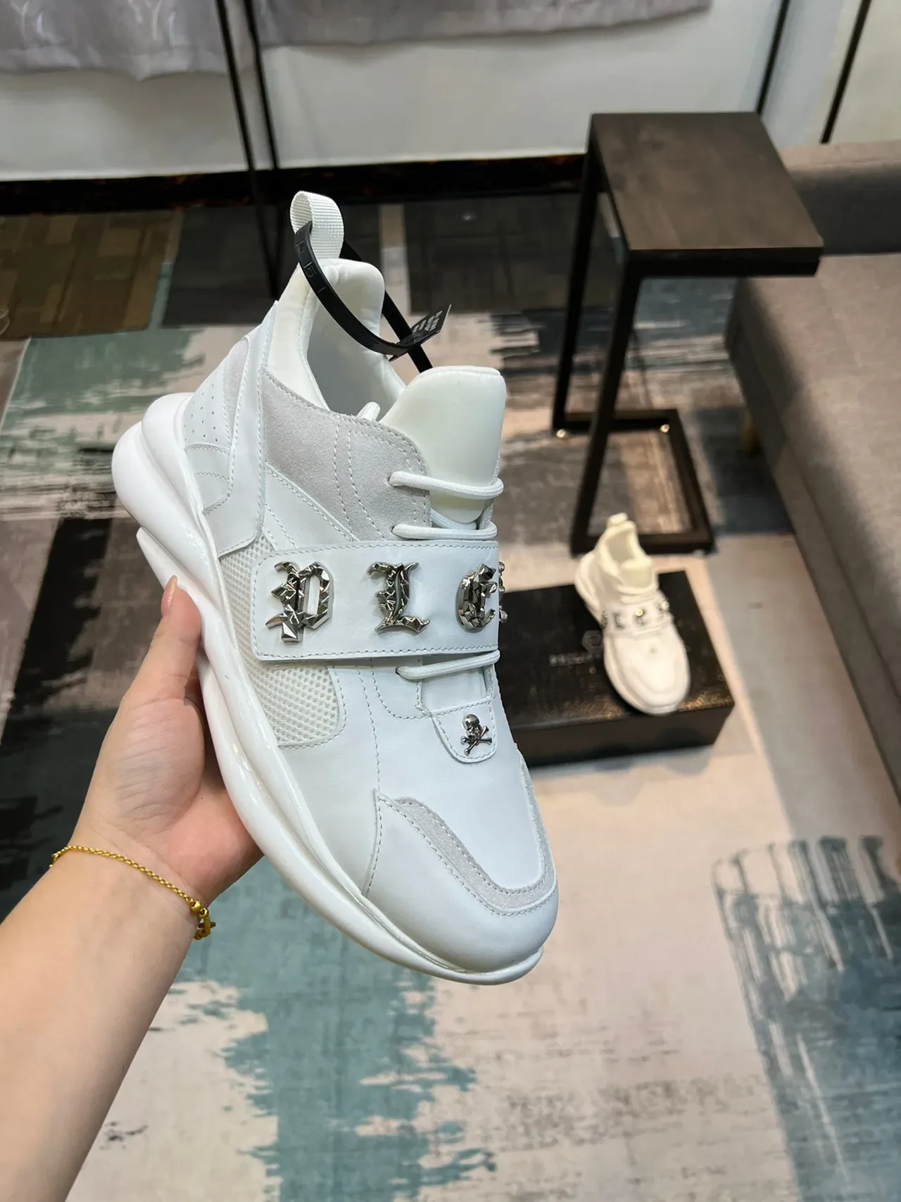 White Silver Chunky Sole Multi-Panel Upper Sneakers 6