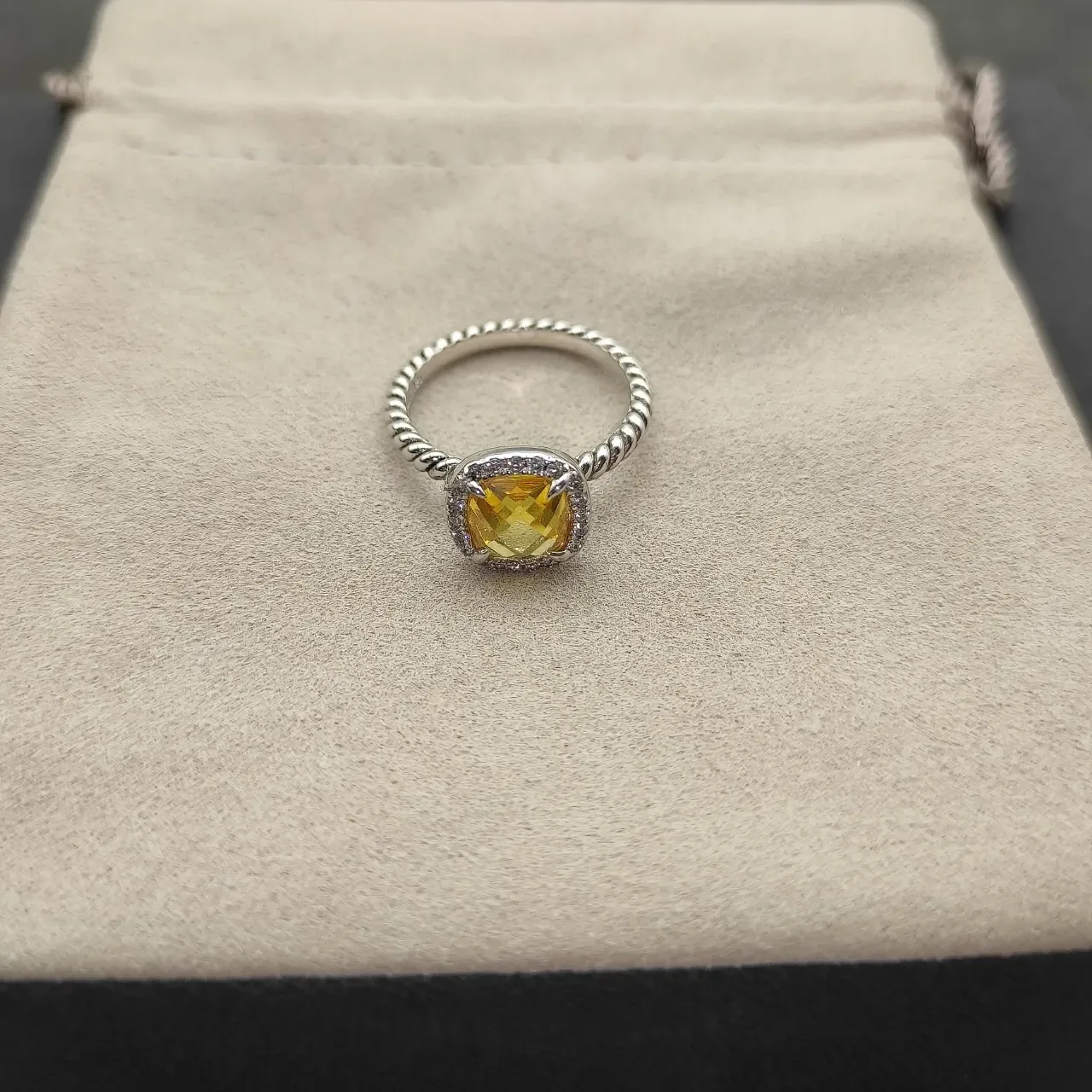 Yellow Silver Twisted Rope Band Cushion-Cut Central Stone Ring 6