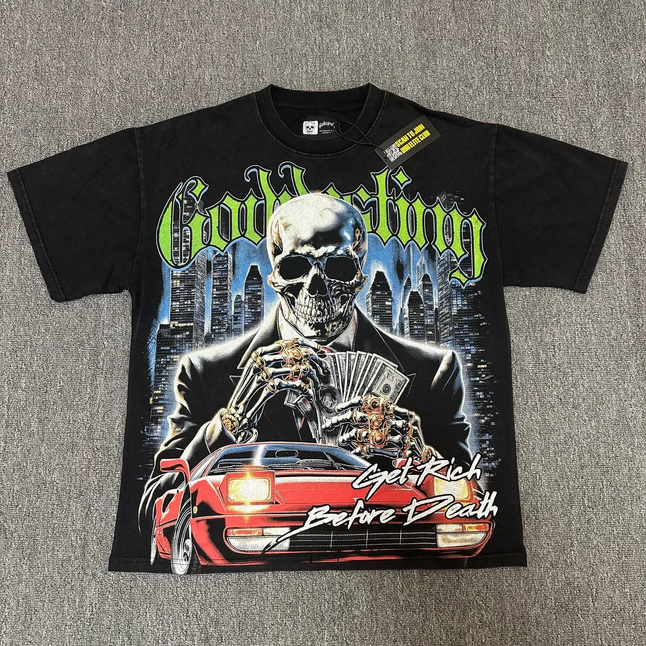 Godspeed Get Rich Before Death 图案印花黑色T恤 2