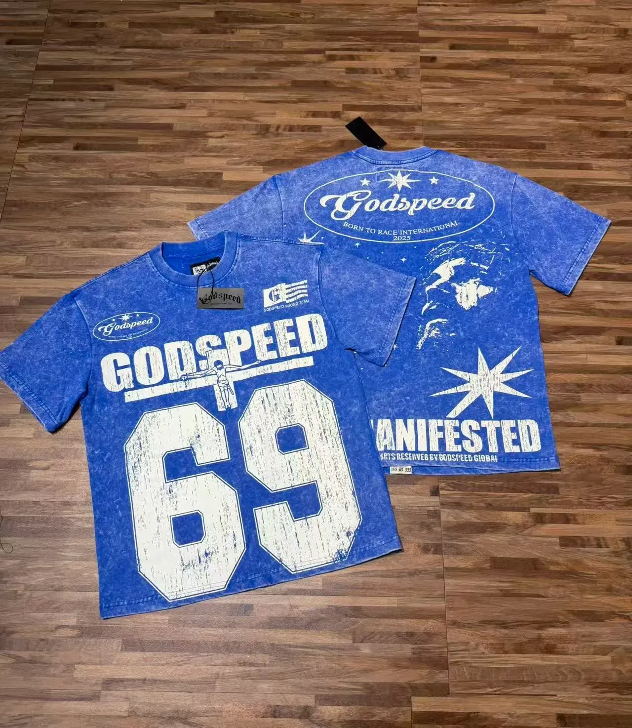 Camiseta Godspeed de equipo de carreras con estampado gráfico y tipografía desgastada 2