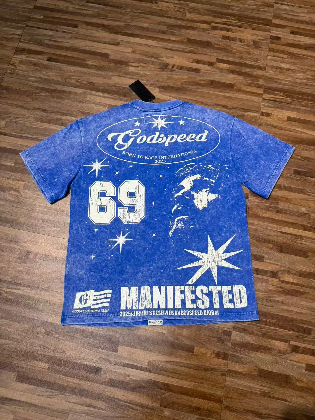 Camiseta Godspeed de equipo de carreras con estampado gráfico y tipografía desgastada 4