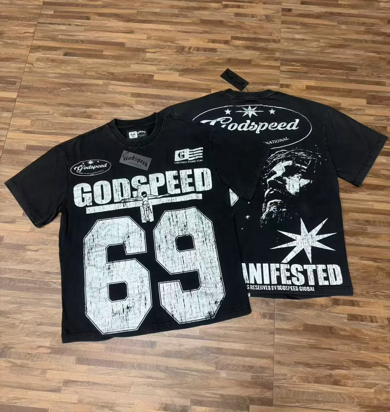 Camiseta Godspeed de equipo de carreras con estampado gráfico y tipografía desgastada 5