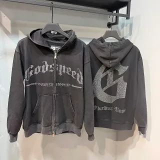 Godspeed Manifeste Einmmxiii Rhinestone Embellished Washed Black Zip-Up Hoodie