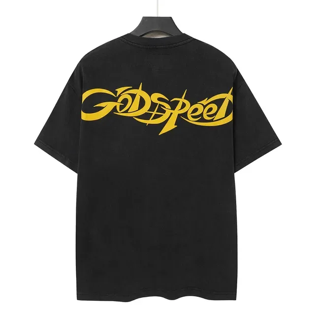 Camiseta preta Godspeed com estampa de caveira e chamas 4