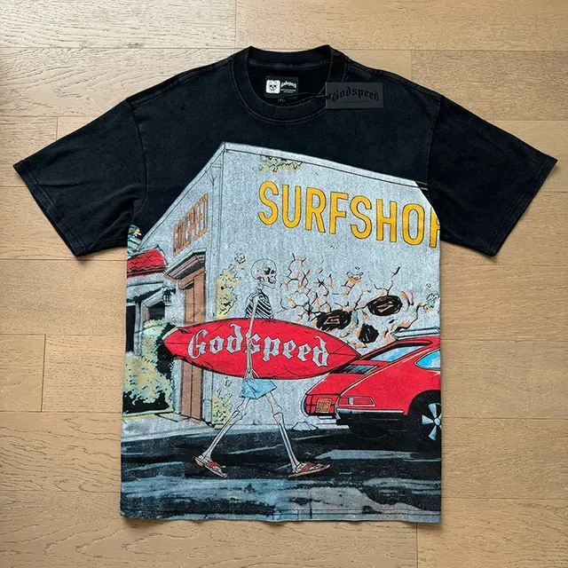 Camiseta negra Godspeed Surfshop con gráfico de esqueleto 5