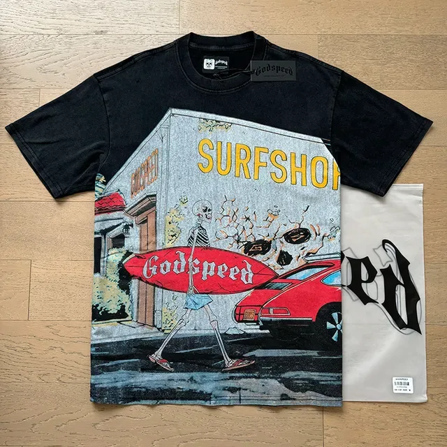 Camiseta negra Godspeed Surfshop con gráfico de esqueleto 6